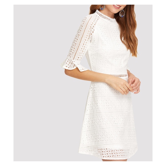 White 3/4 Sleeve Lace Embroidered Eyelet Dress - Picture 3 of 8